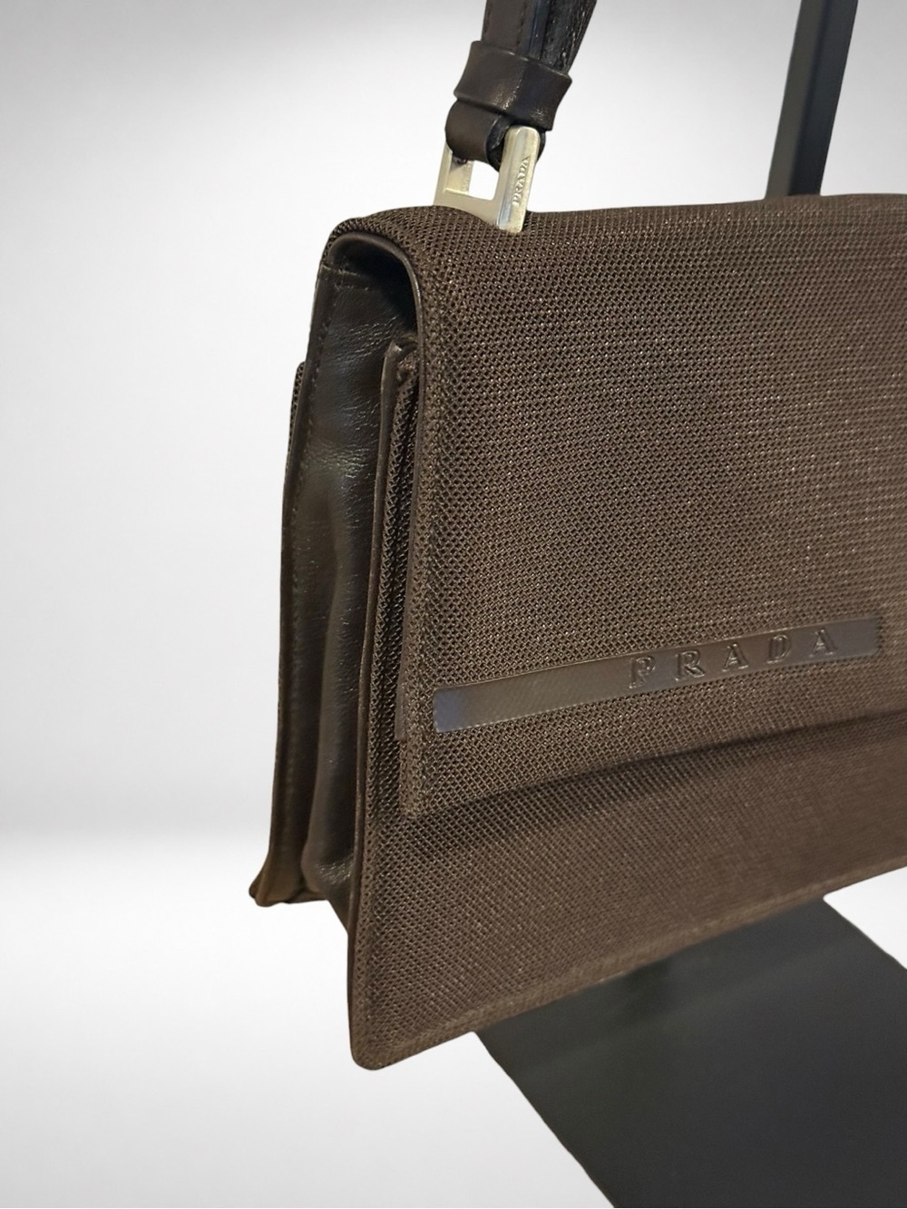 PRADA 1999 Runway Mesh Leather Shoulder Bag Brown Adjustable Vintage Italy - Picture 4 of 15